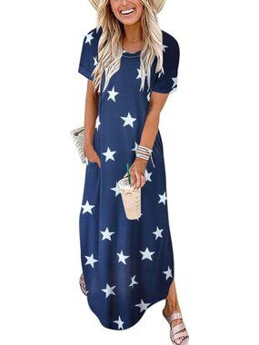 Women's Star Summer Maxi Dress Short Sleeve Casual Split Beach Long T Shirt